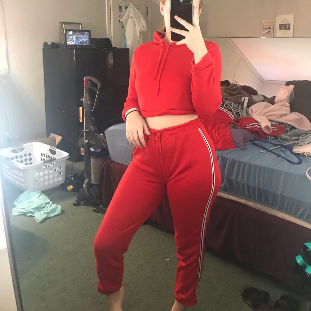Red cropped sweatsuit